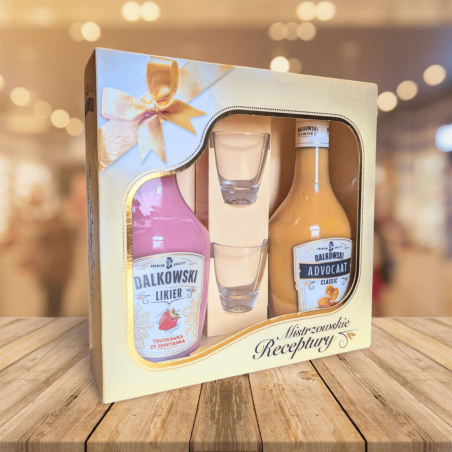 Coffret de Dalkowski – Coffret Fraise 0,5 L + Advocat 0,5 L + 2 verres vu de face